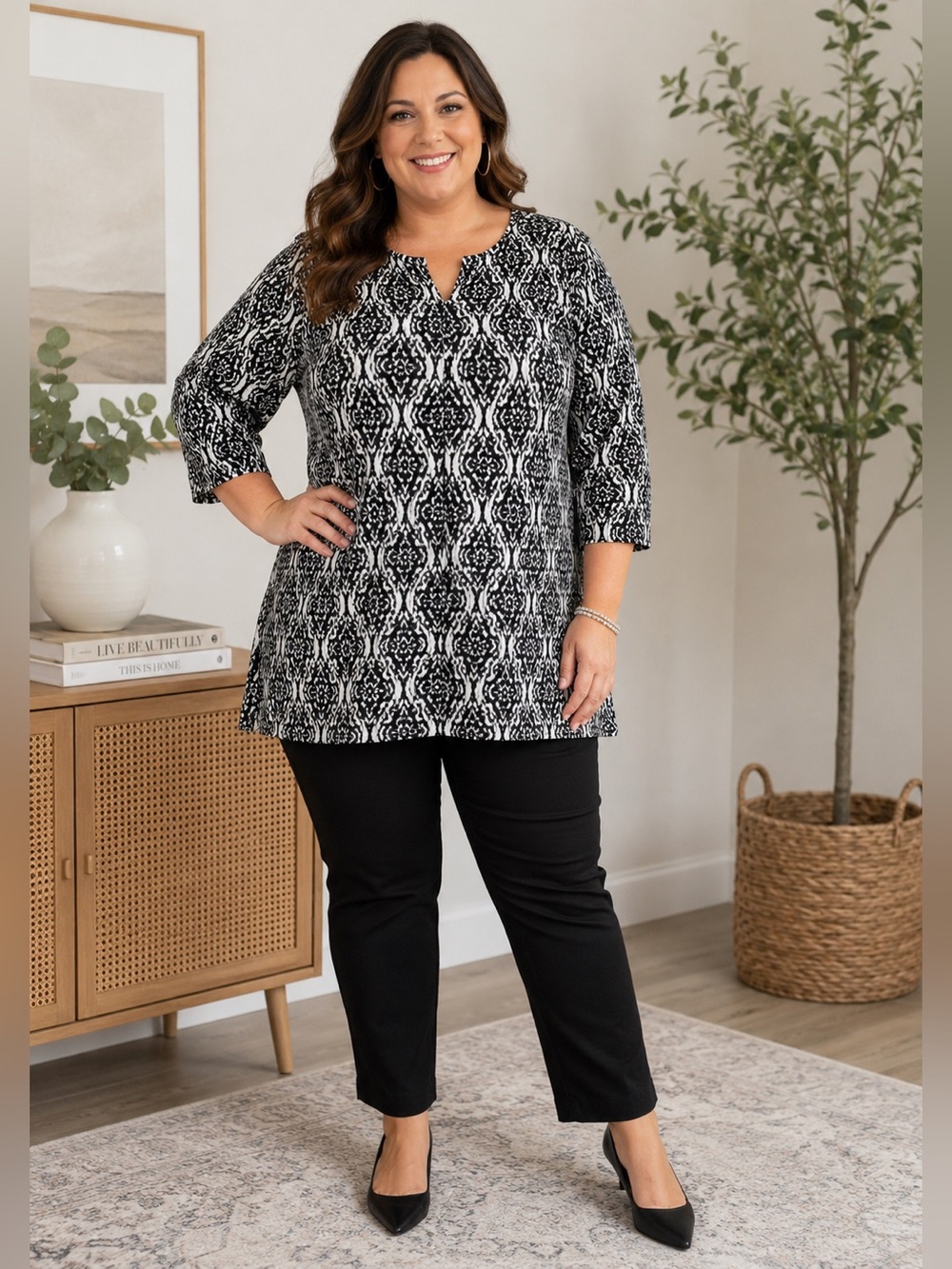 Croft & Barrow Black White Printed Tunic Blouse Side Slits 2X